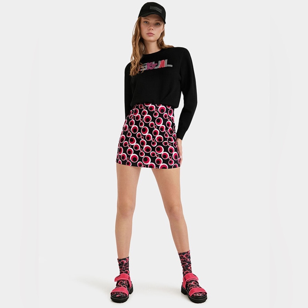Desigual Pink Black Groovy Slim Mini Skirt FITS MEDIUM - Picture 2 of 8
